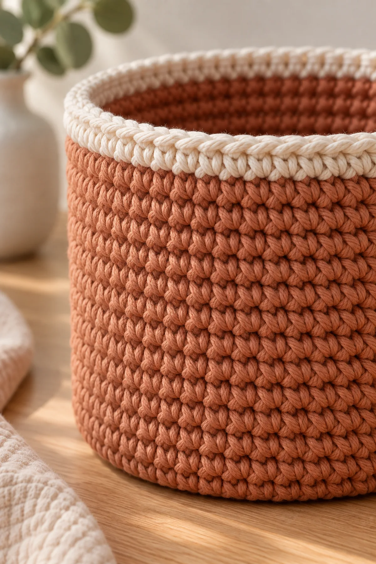 Close view of dense terracotta single-crochet basket sides and narrow ivory reverse-single-crochet rim