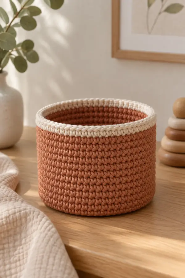 Compact claystone-terracotta cotton crochet nursery basket with flat base, straight sides, and narrow ivory rim