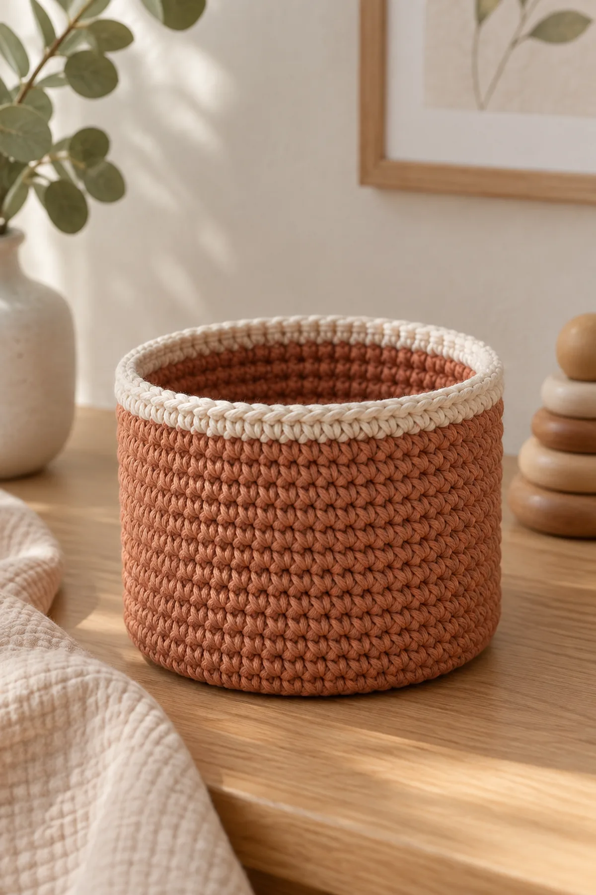 Compact claystone-terracotta cotton crochet nursery basket with flat base, straight sides, and narrow ivory rim