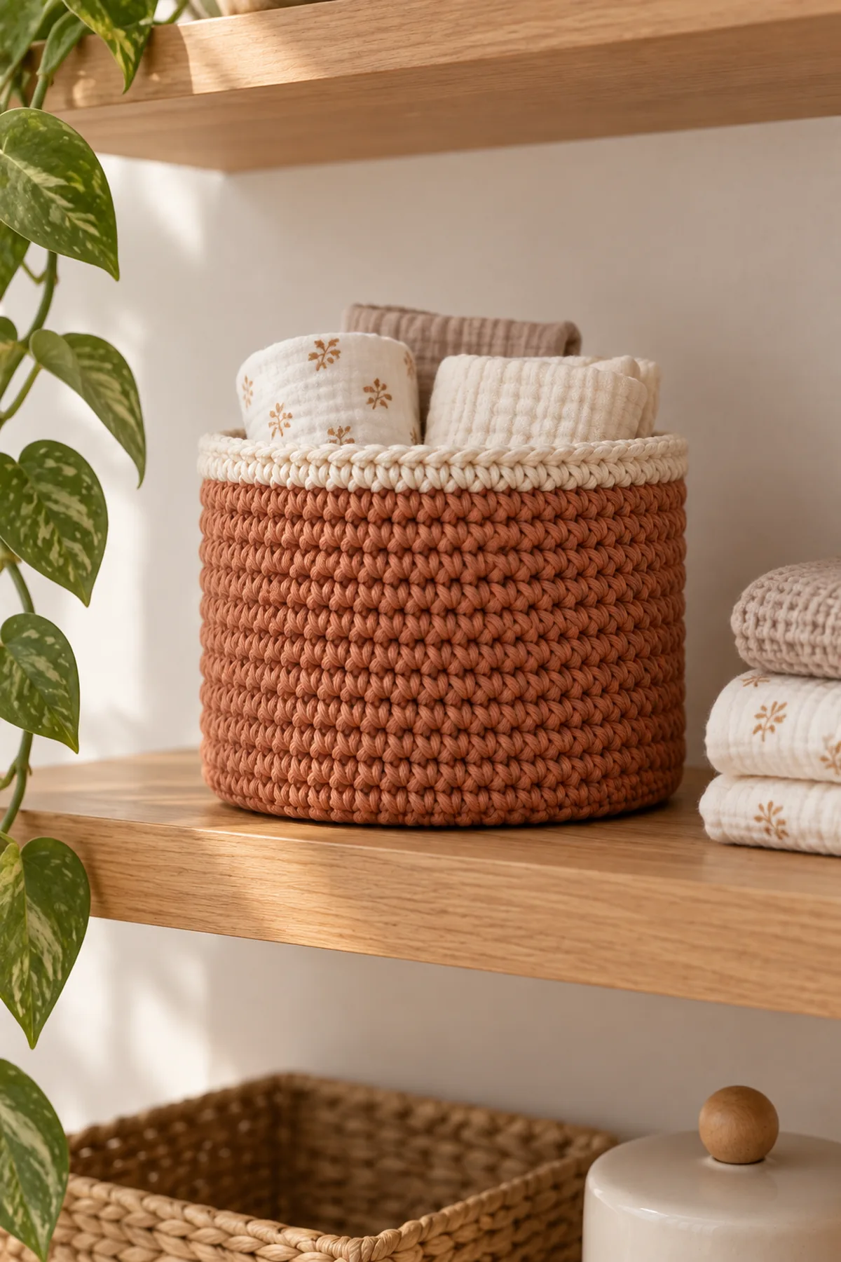 Finished terracotta and ivory handle-free nursery basket holding lightweight folded cloths on an out-of-reach shelf