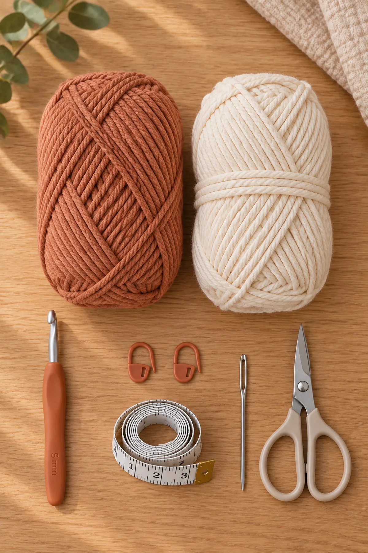 Claystone-terracotta and ivory worsted cotton yarn, 5 mm hook, two markers, tape measure, needle, and scissors