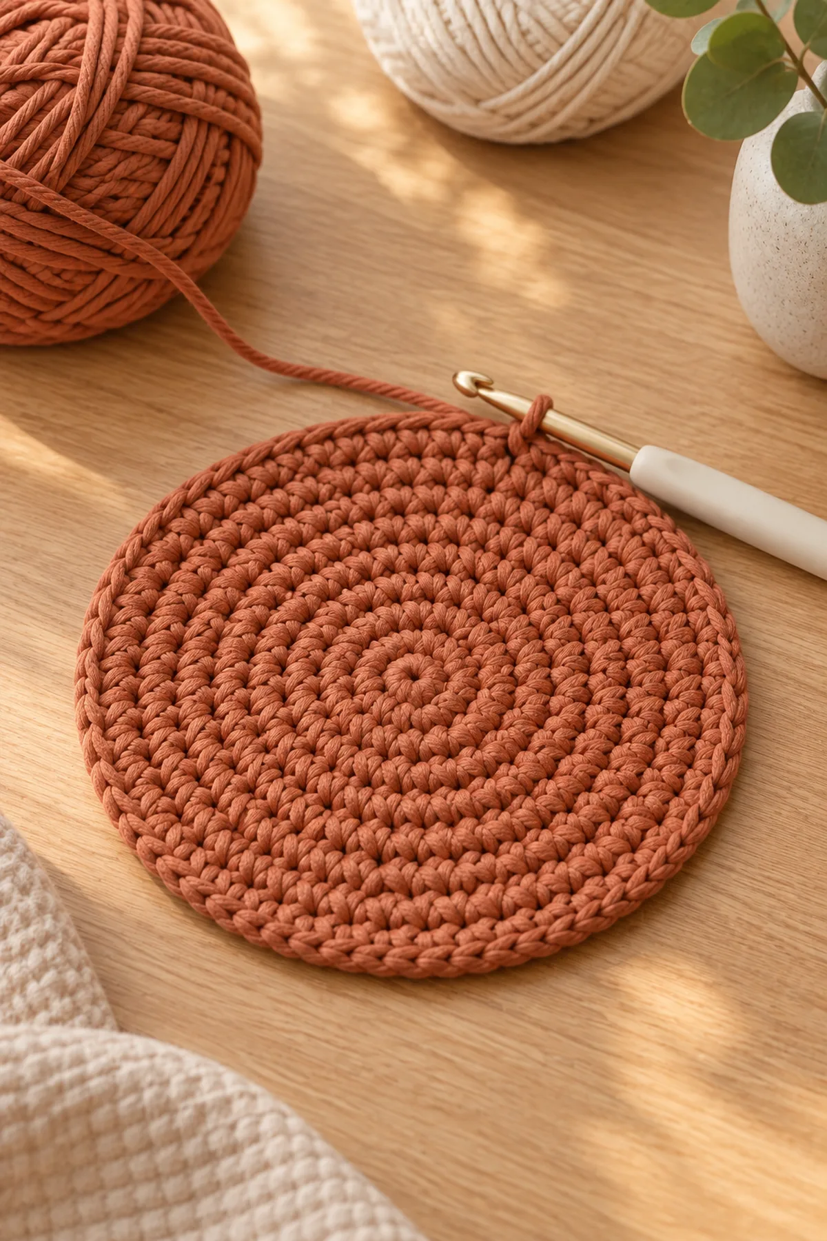 Early flat terracotta circular basket base with evenly spaced counted increases and hook