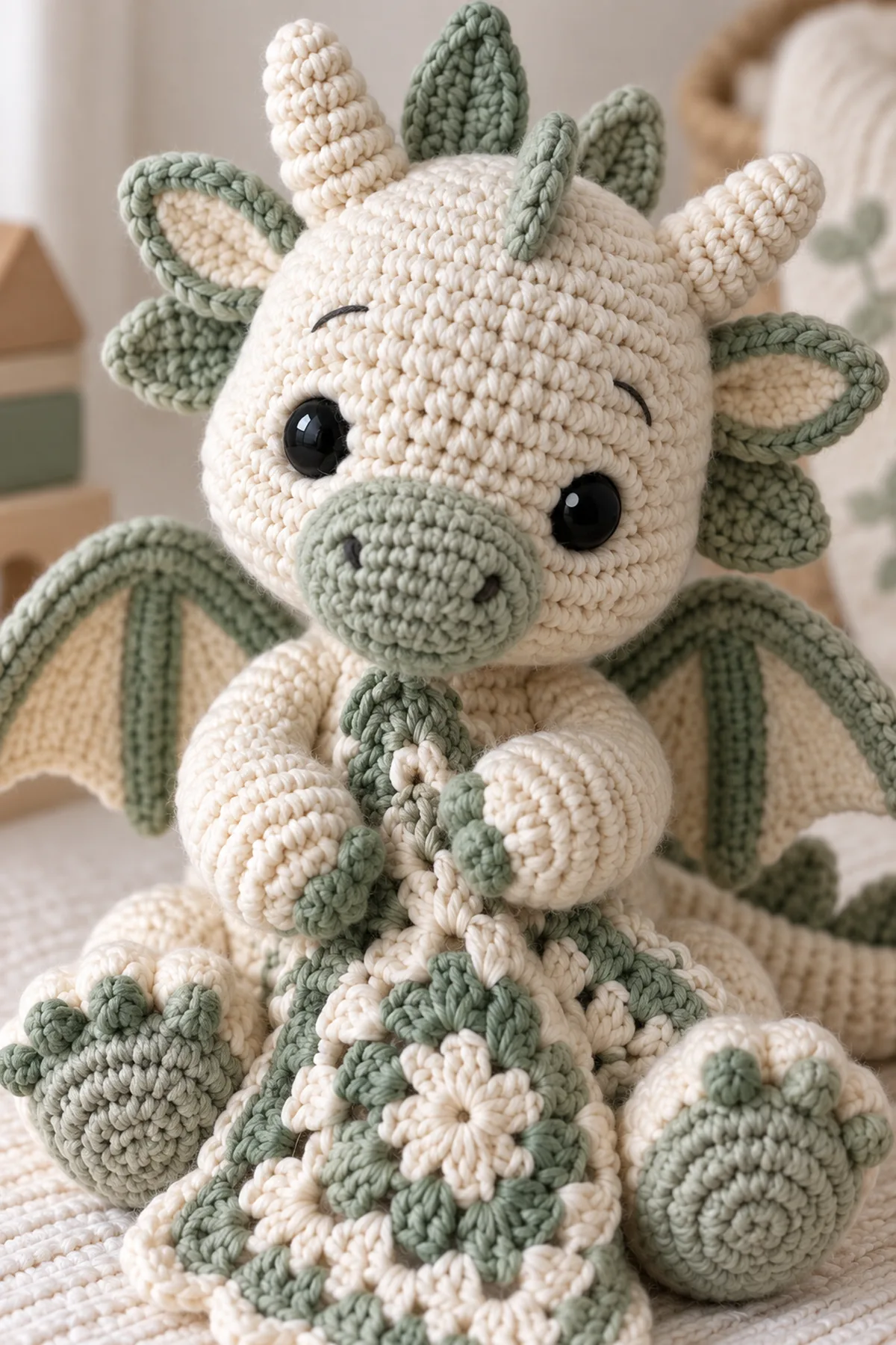 Close-up of the stitch texture and securely finished details on crochet cloud dragon amigurumi