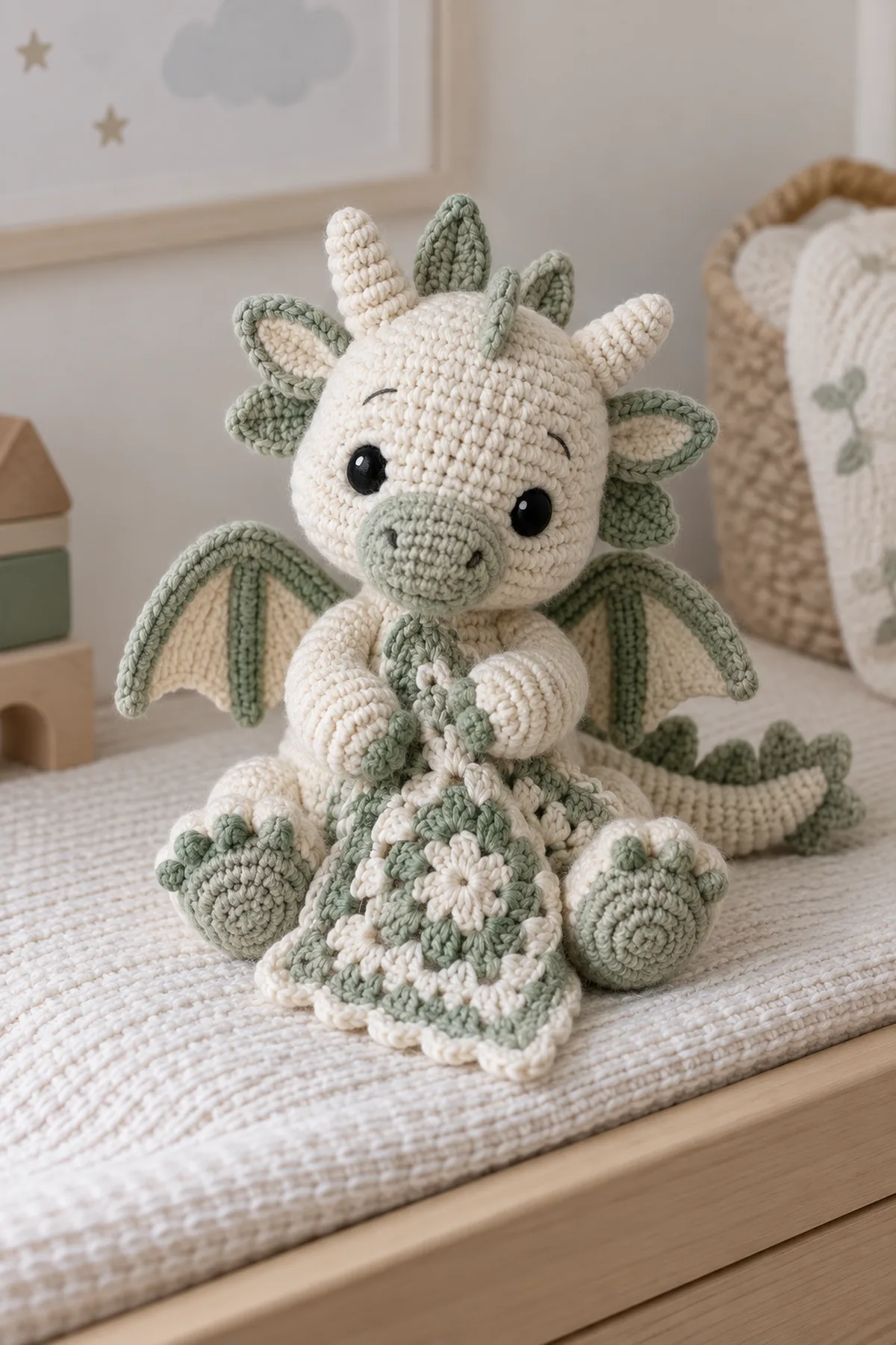Finished crochet cloud dragon amigurumi in soft cream and sage yarn on a neutral nursery surface