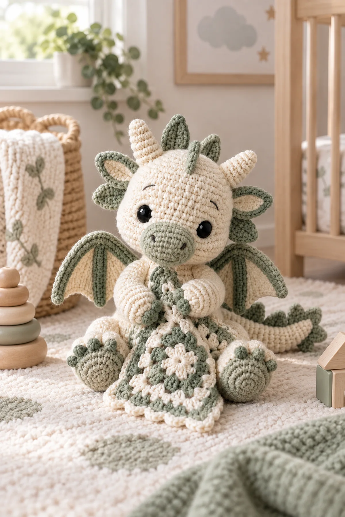 Finished crochet cloud dragon amigurumi styled in a calm bright nursery setting without a baby present