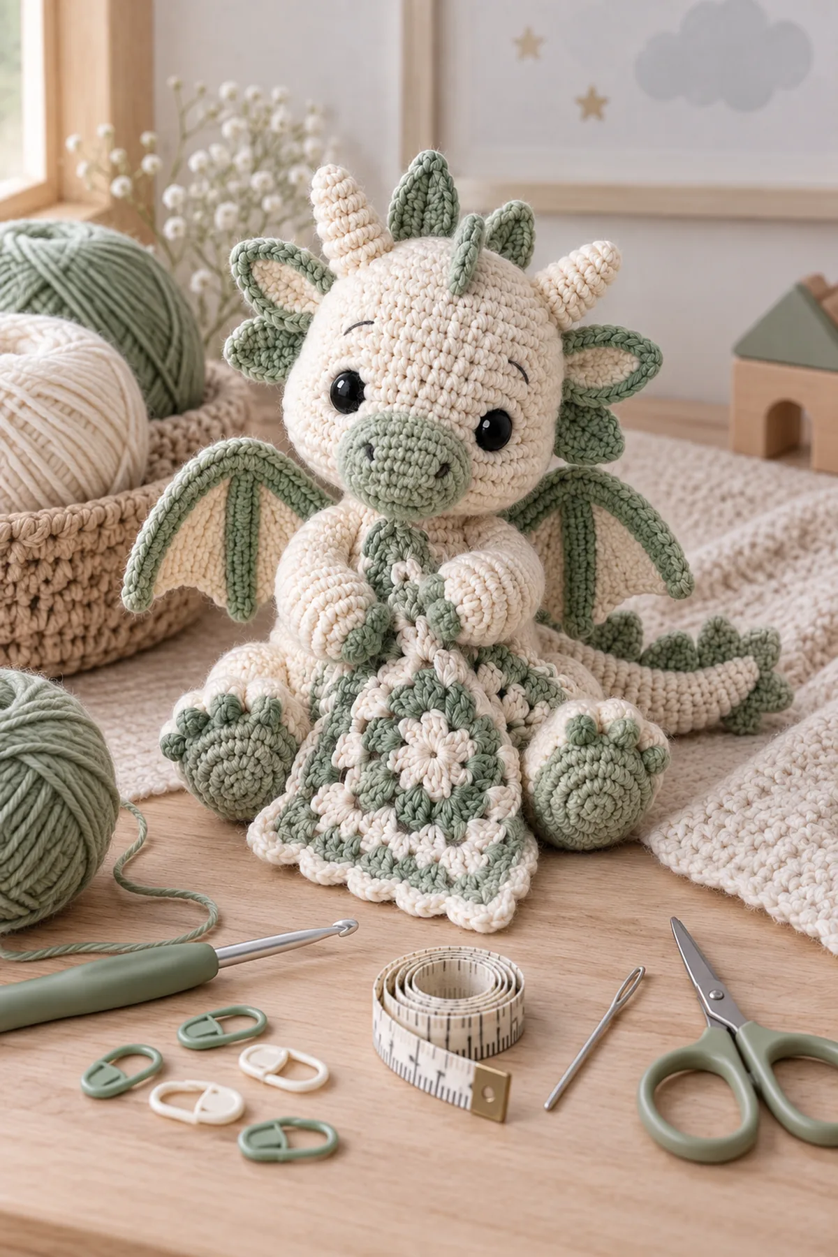 Baby-friendly yarn, crochet hook, stitch markers, tape measure, yarn needle, and scissors for crochet cloud dragon amigurumi