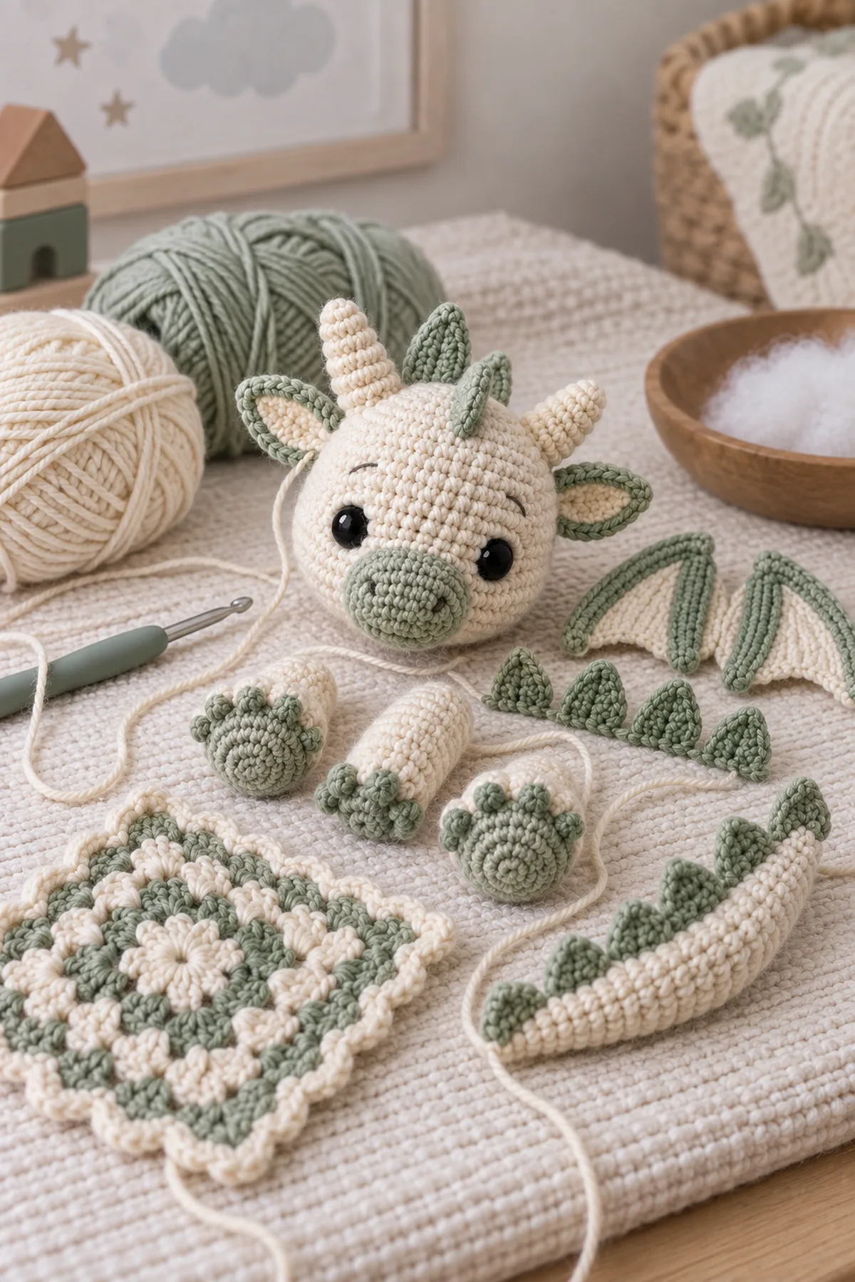 Early counted crochet stage of crochet cloud dragon amigurumi with matching yarn and hook
