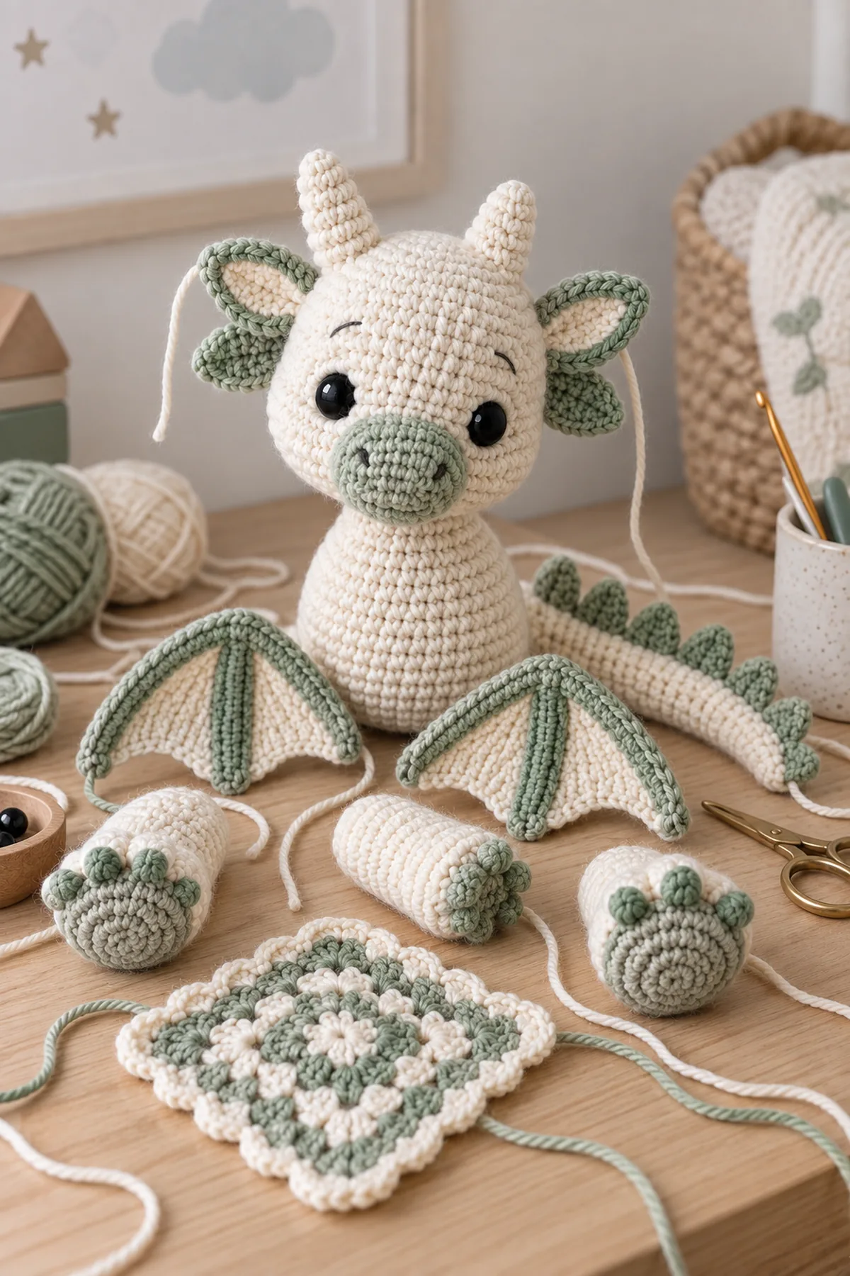Mid-process construction of crochet cloud dragon amigurumi showing the established shape