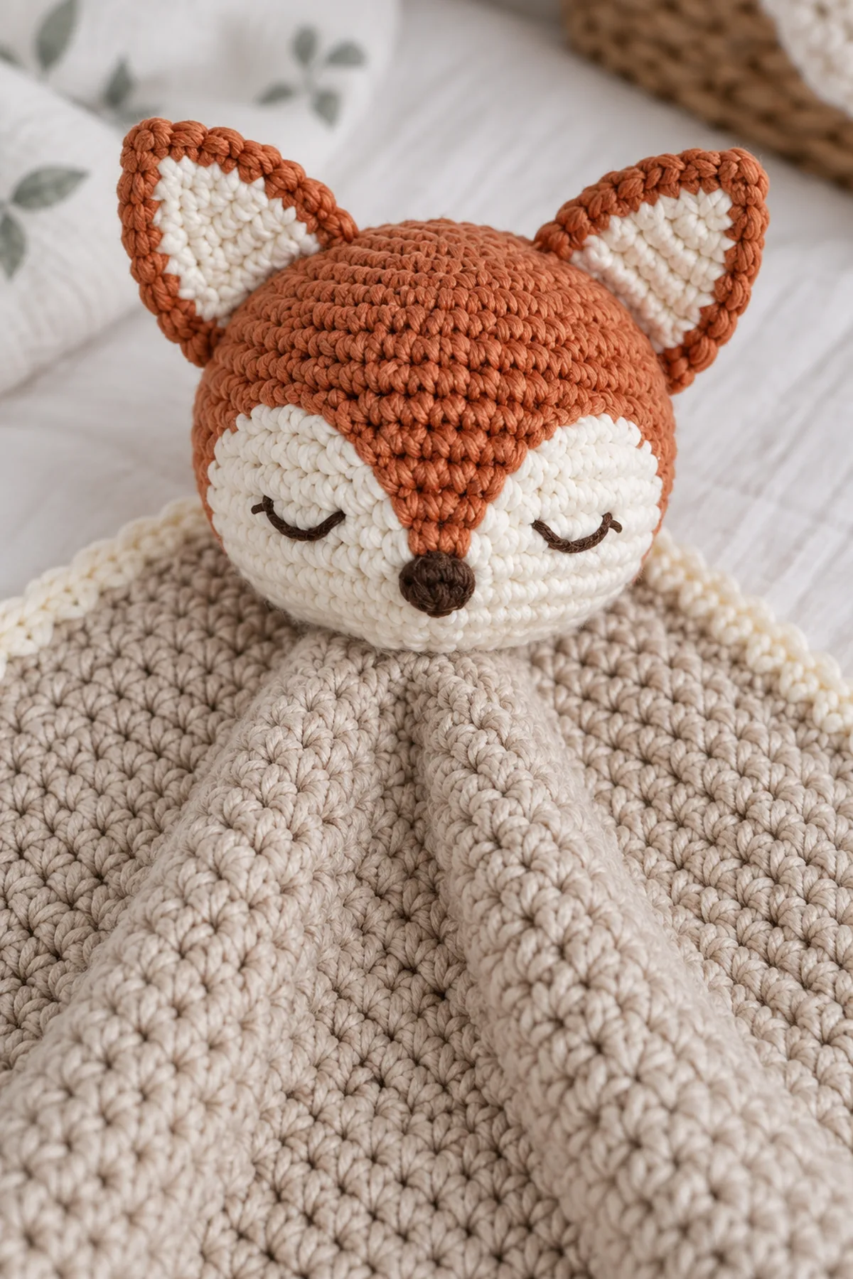 Close view of embroidered sleepy fox face, cream muzzle, flat ear seams, cream border, and reinforced center join