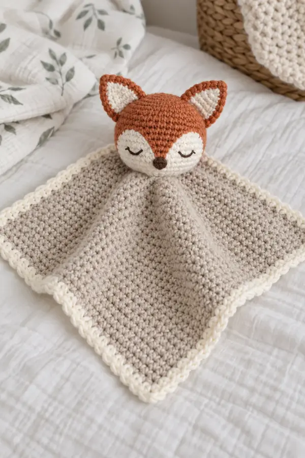 Finished oatmeal crochet baby lovey with cream border and centered copper-orange fox head, flat ears, and embroidered sleepy face