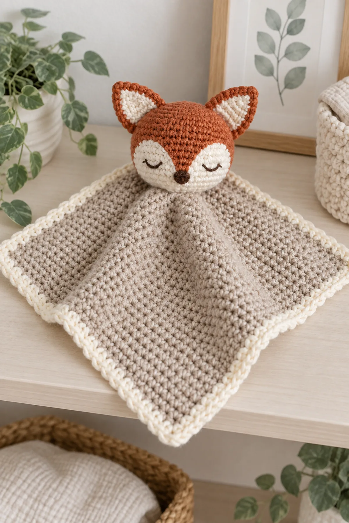 Finished copper fox baby lovey arranged flat on a neutral nursery shelf without a baby or crib