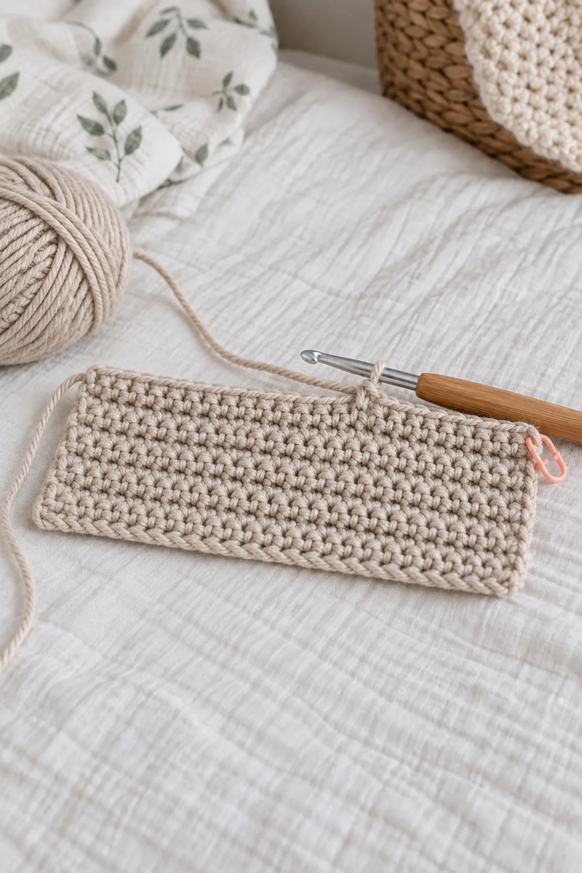 Early oatmeal 42-stitch single-crochet comfort square in straight turned rows