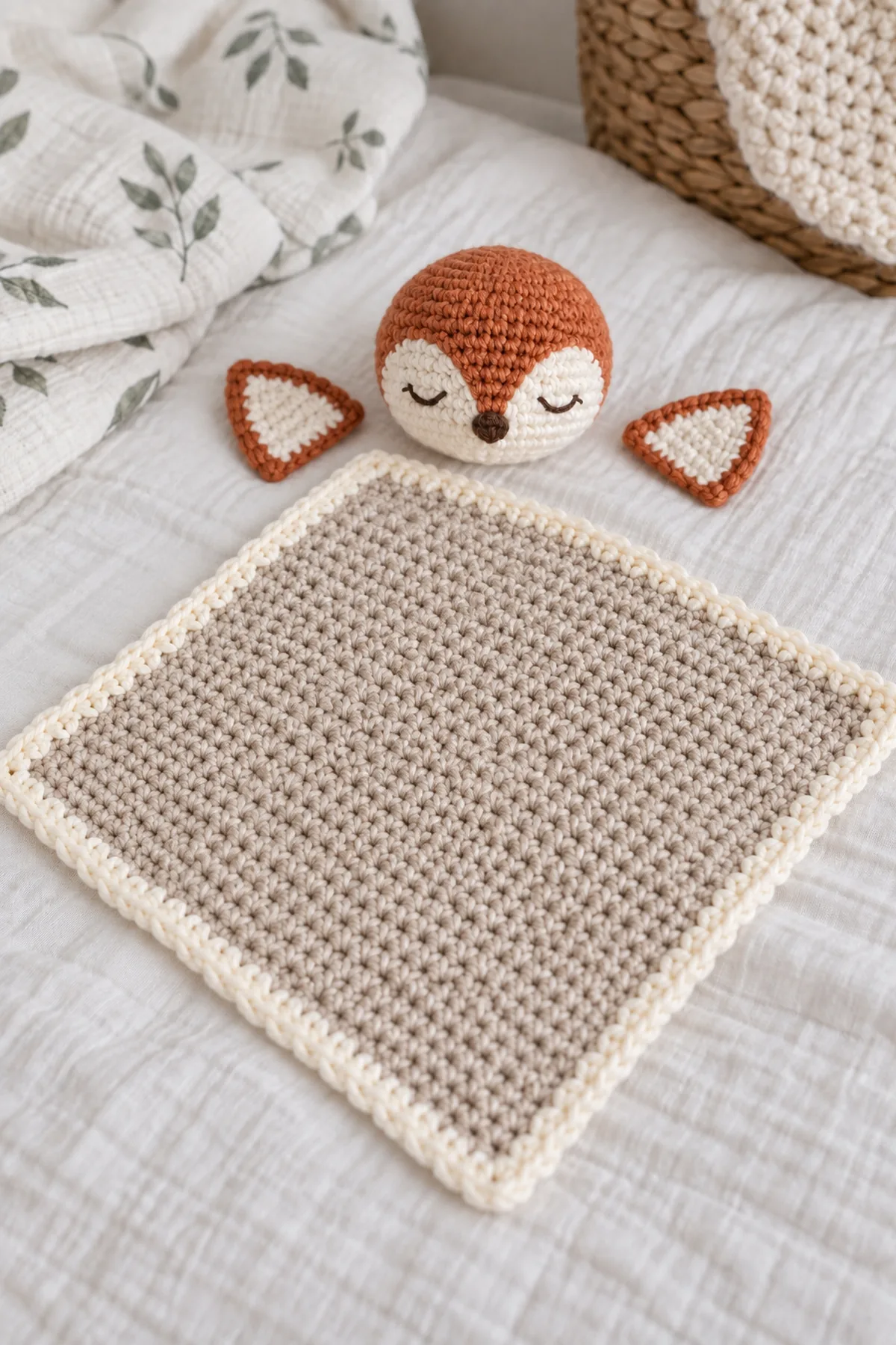 Blocked oatmeal lovey square beside separate copper fox head, two flat pointed ears, and cream muzzle before assembly