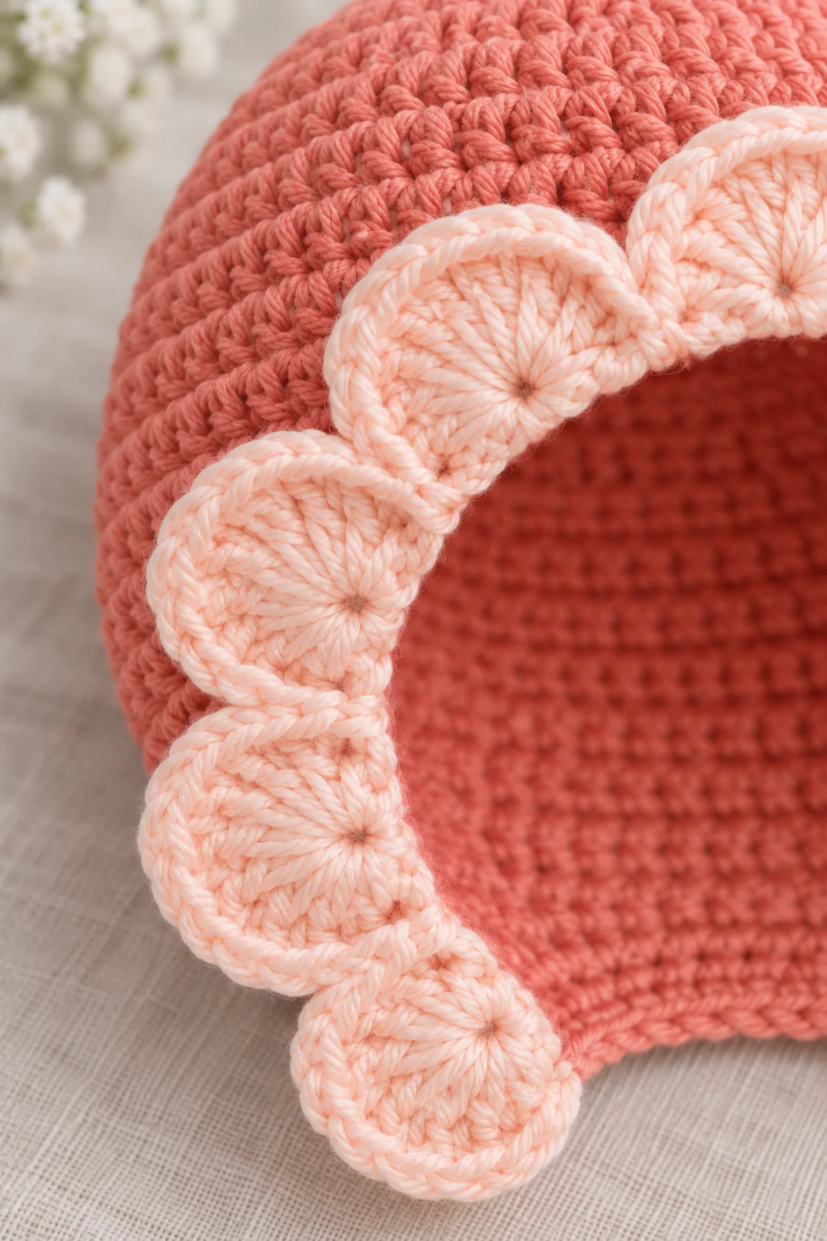 Close view of coral crown stitches and pale-peach five-double-crochet shell petal edge