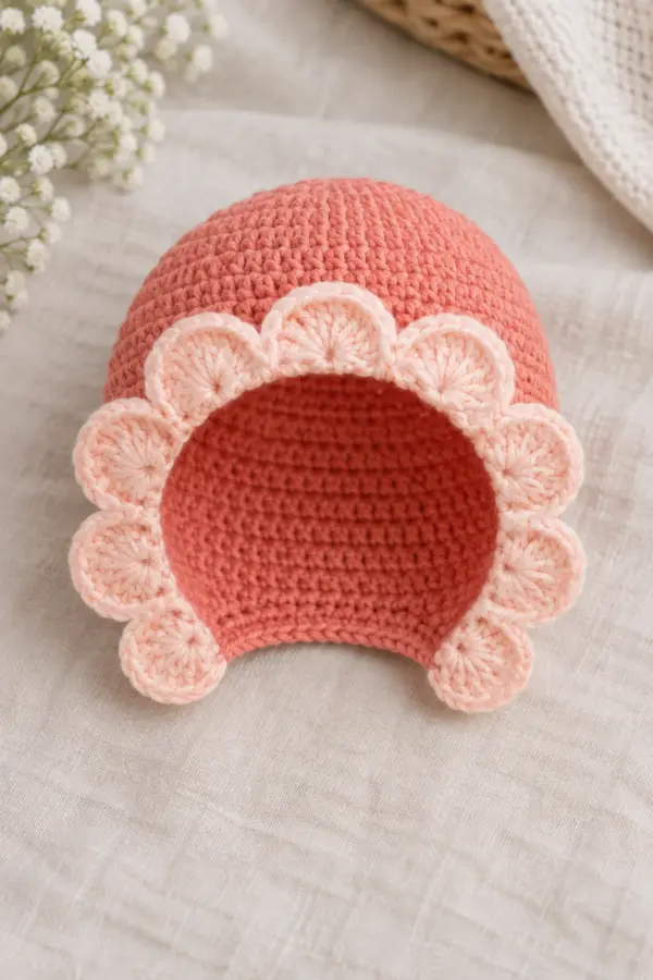 Finished tie-free soft-coral crochet baby bonnet with open face and ten pale-peach shell petals