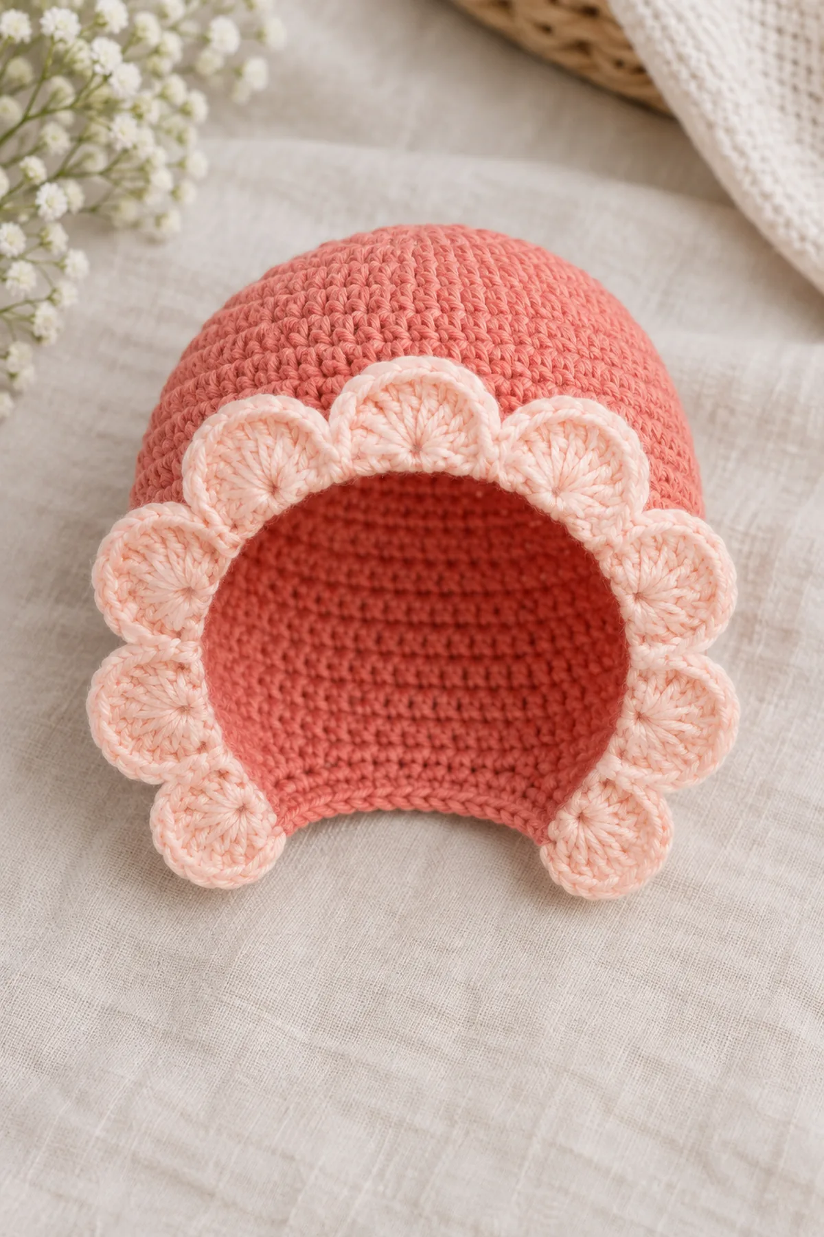 Finished tie-free soft-coral crochet baby bonnet with open face and ten pale-peach shell petals
