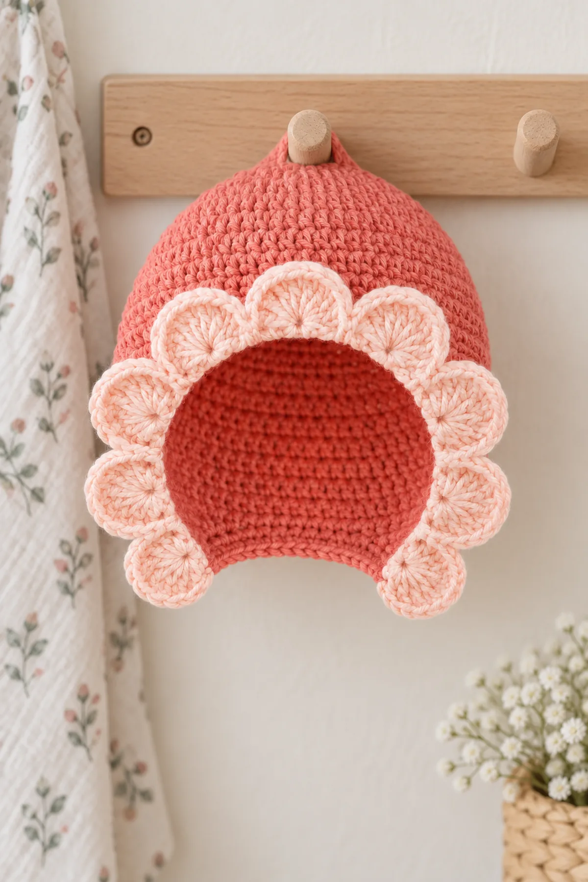 Finished coral and pale-peach petal baby bonnet displayed on a plain nursery peg without a baby