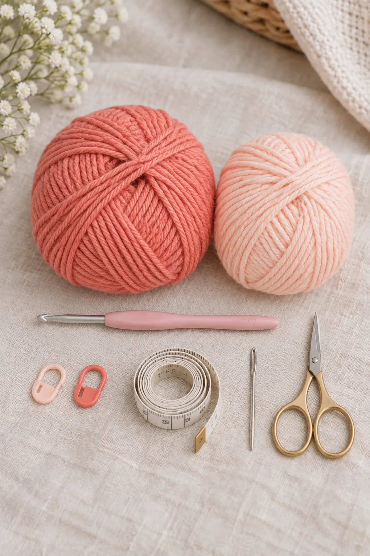 Soft-coral and pale-peach DK yarn, 3.5 mm hook, two markers, tape measure, needle, and scissors