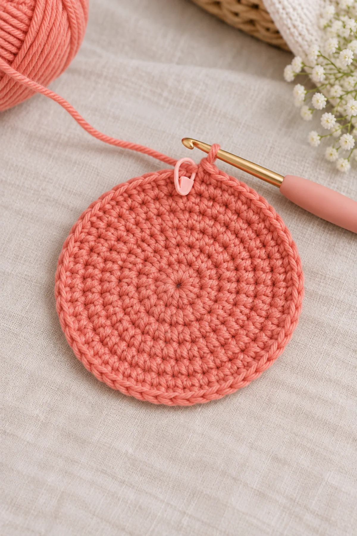 Flat soft-coral bonnet crown increased evenly to 40 stitches with marker and hook