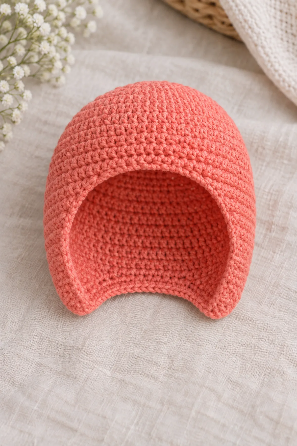Unfinished coral bonnet after straight depth rounds and before pale-peach petal edging