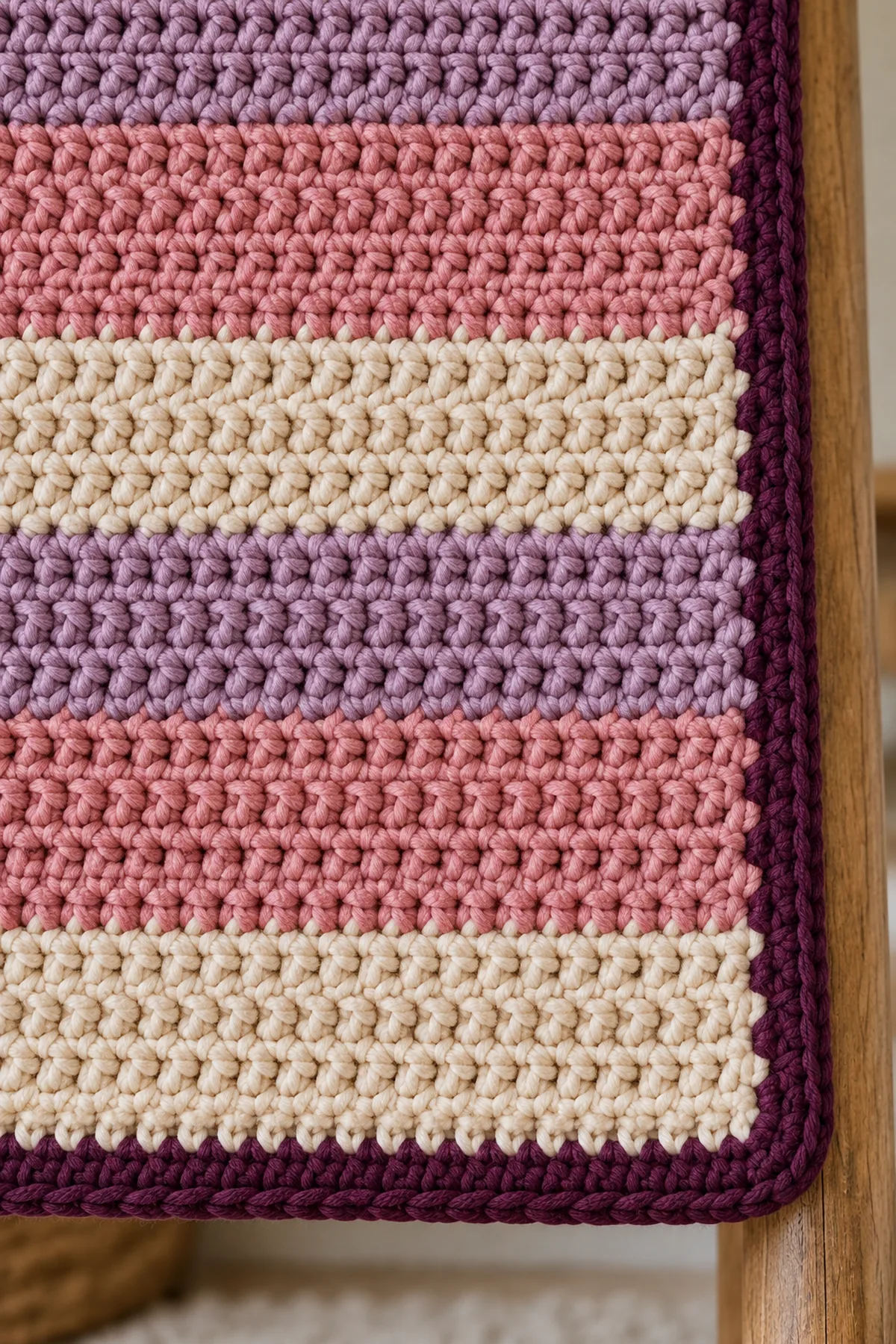 Close view of even half-double-crochet color bands and neat deep-plum three-stitch border corner