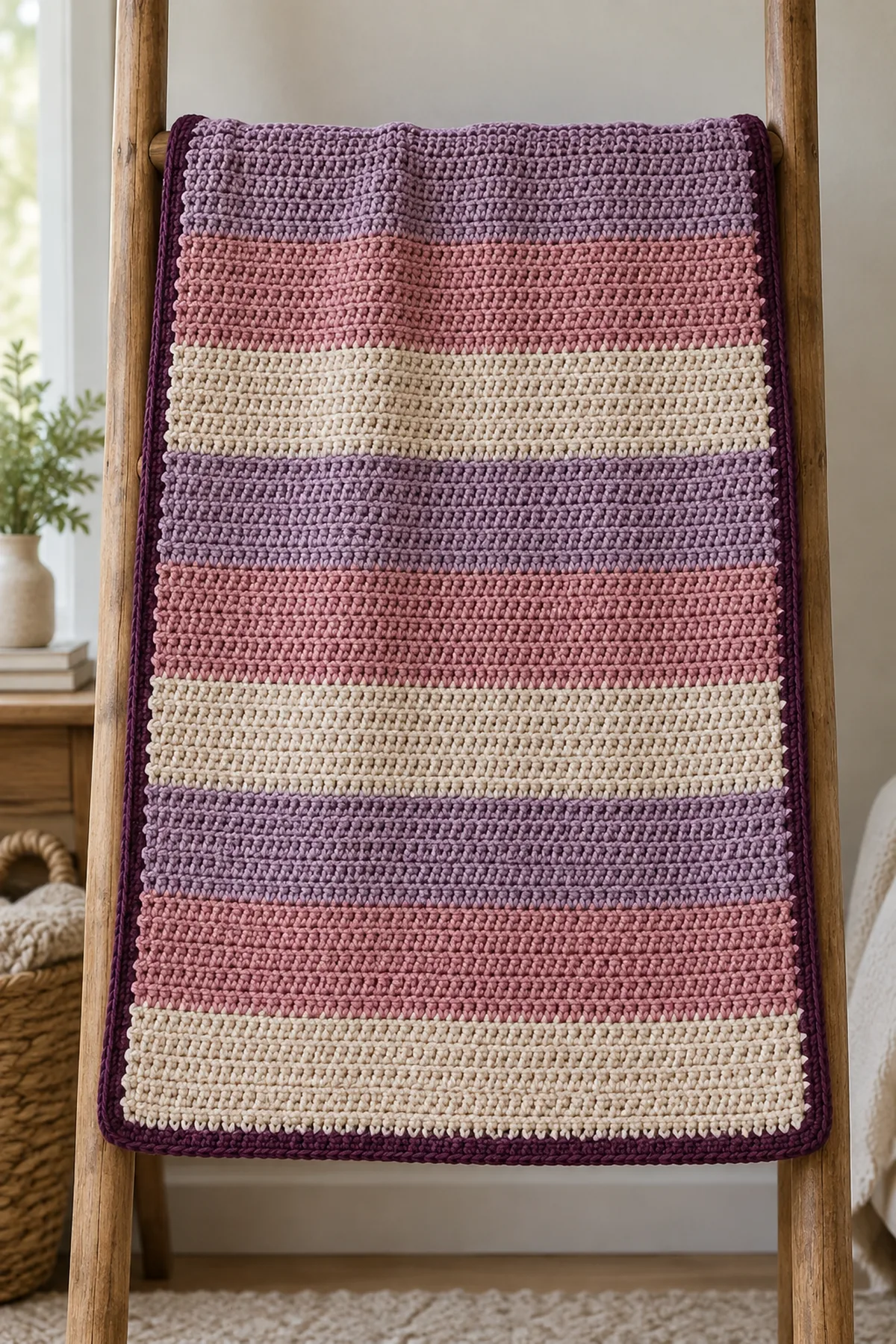 Finished dusk-lavender muted-rose and oatmeal striped crochet baby blanket with narrow deep-plum border