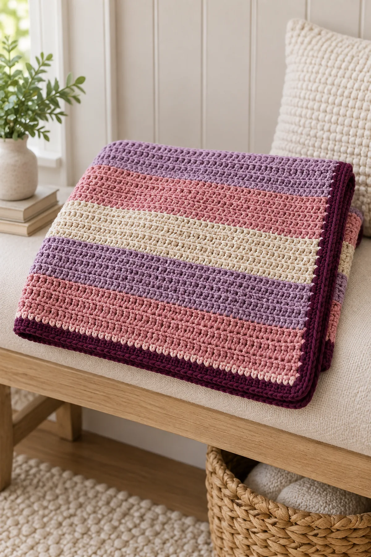 Finished dusk meadow baby blanket folded on a pale nursery bench without a baby or crib