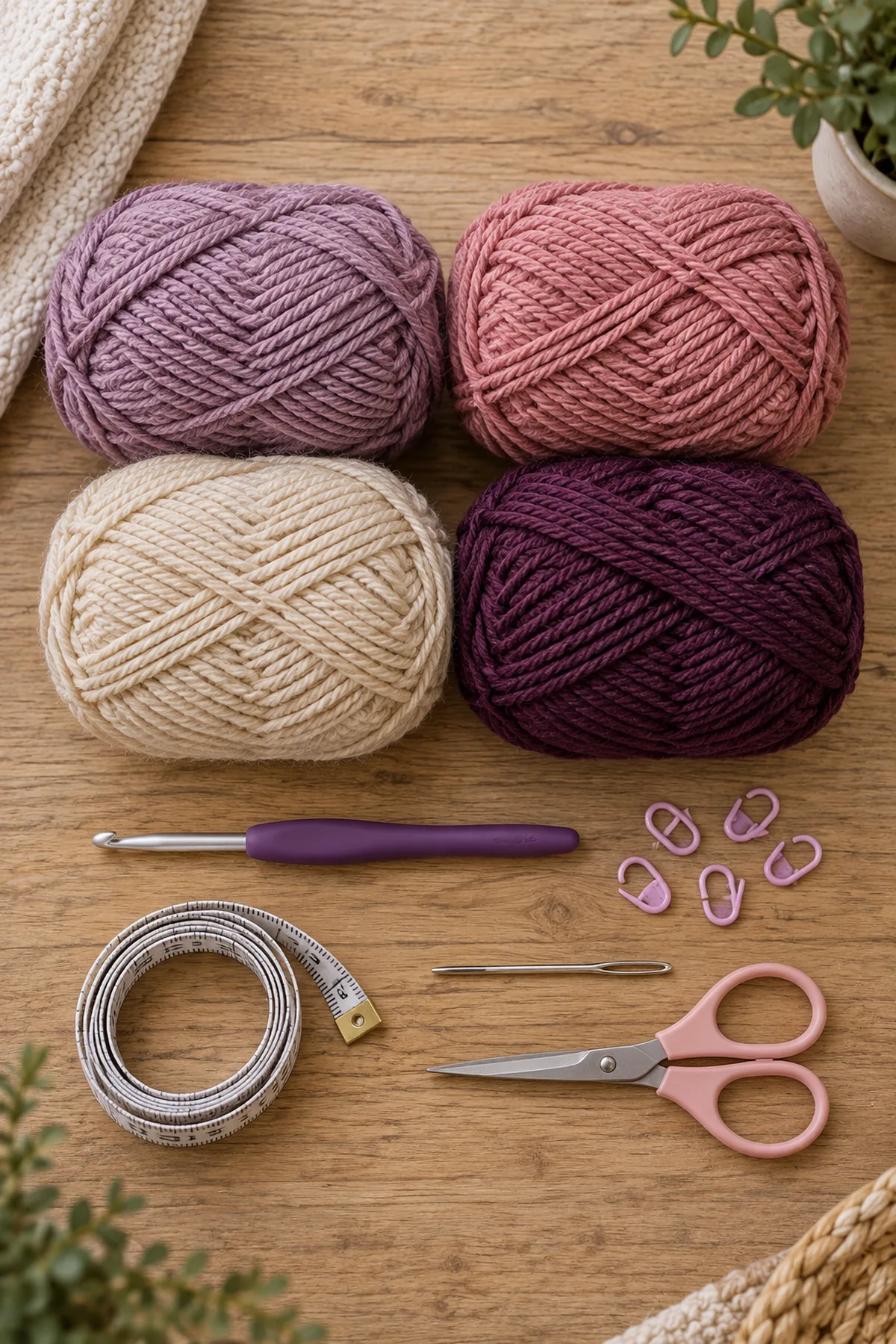 Dusk-lavender muted-rose oatmeal and deep-plum DK yarn, 4.5 mm hook, markers, tape measure, needle, and scissors