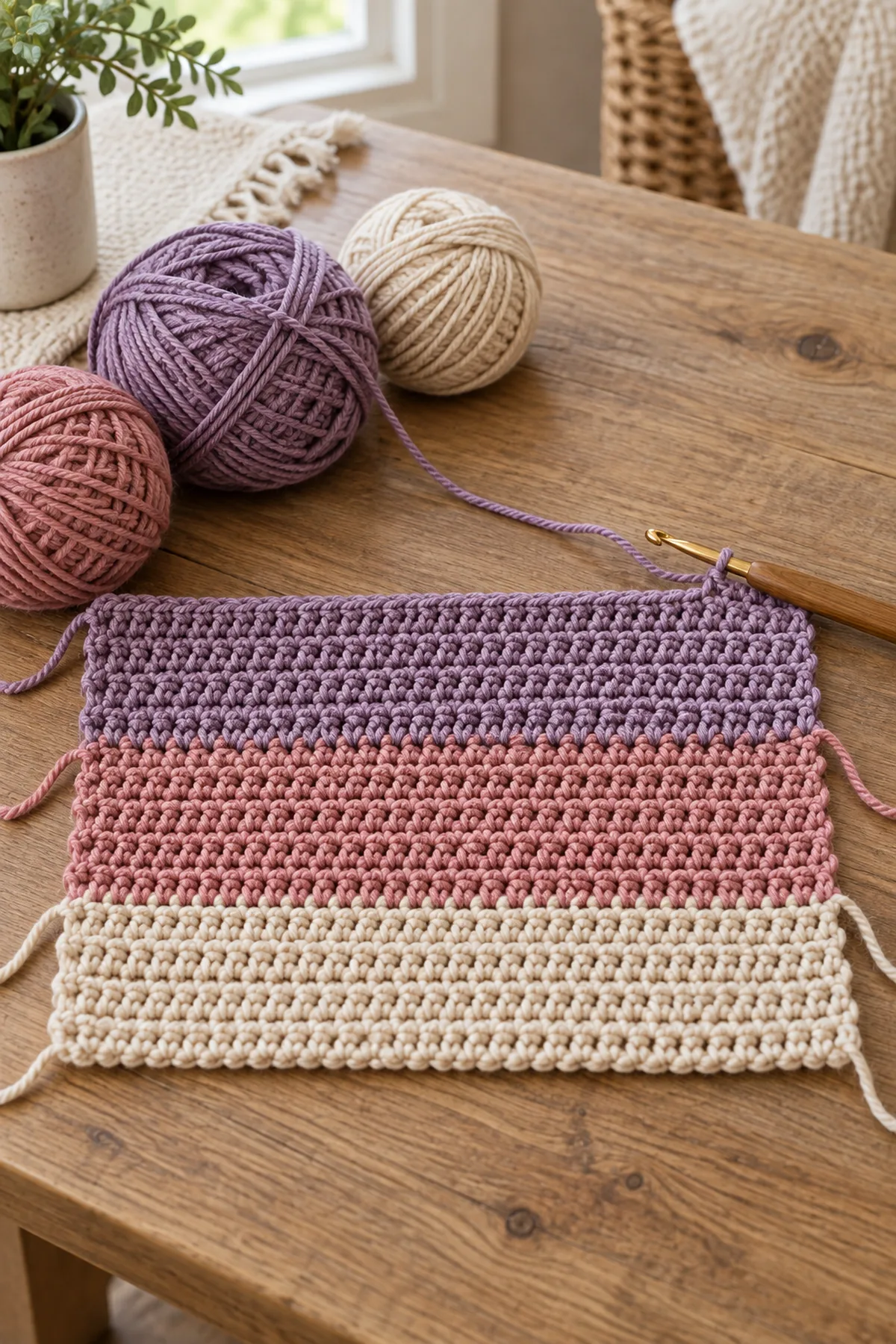 Early 90-stitch blanket with first dusk-lavender rose and oatmeal bands and raw row ends