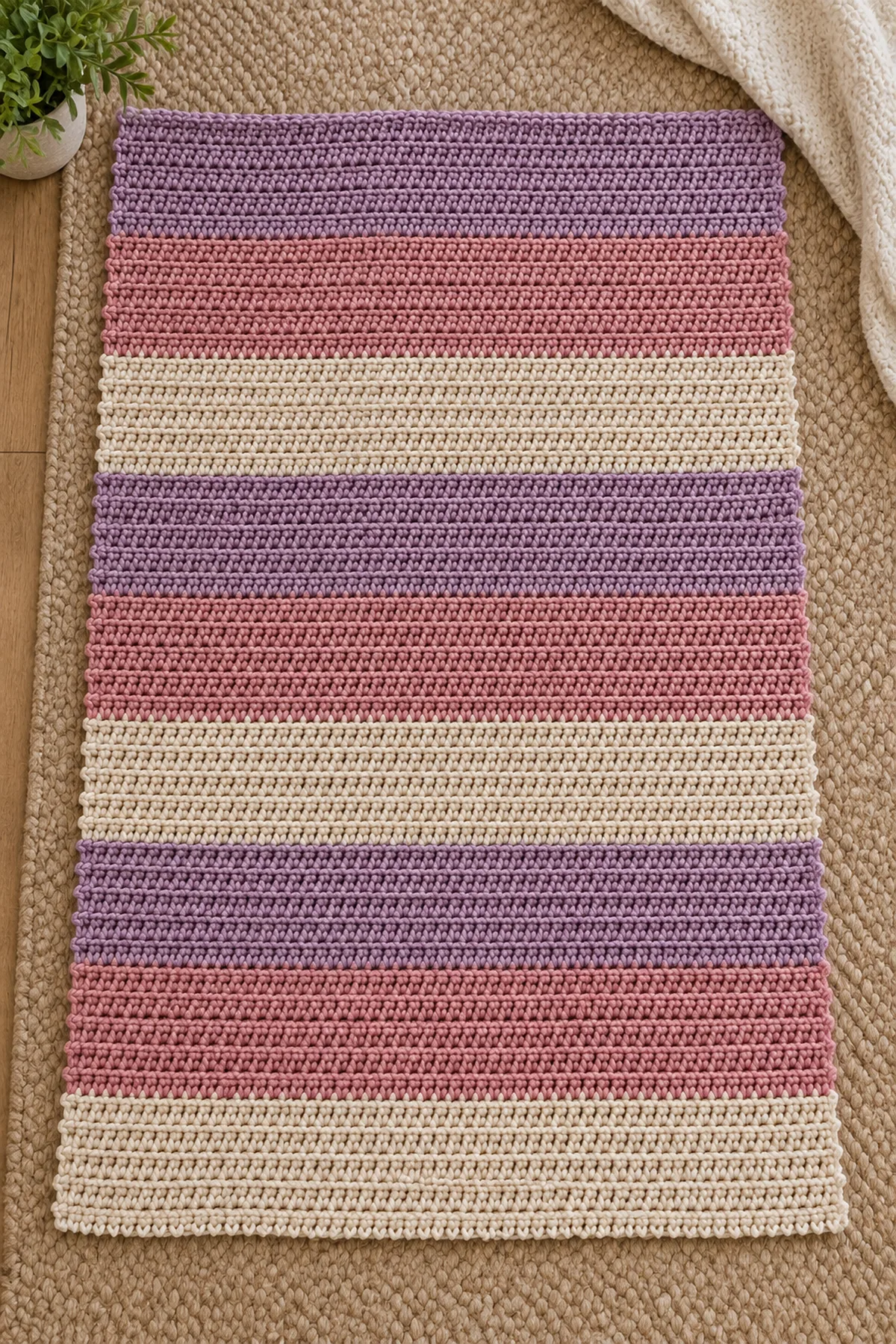 Completed dusk meadow striped blanket rectangle before the deep-plum border