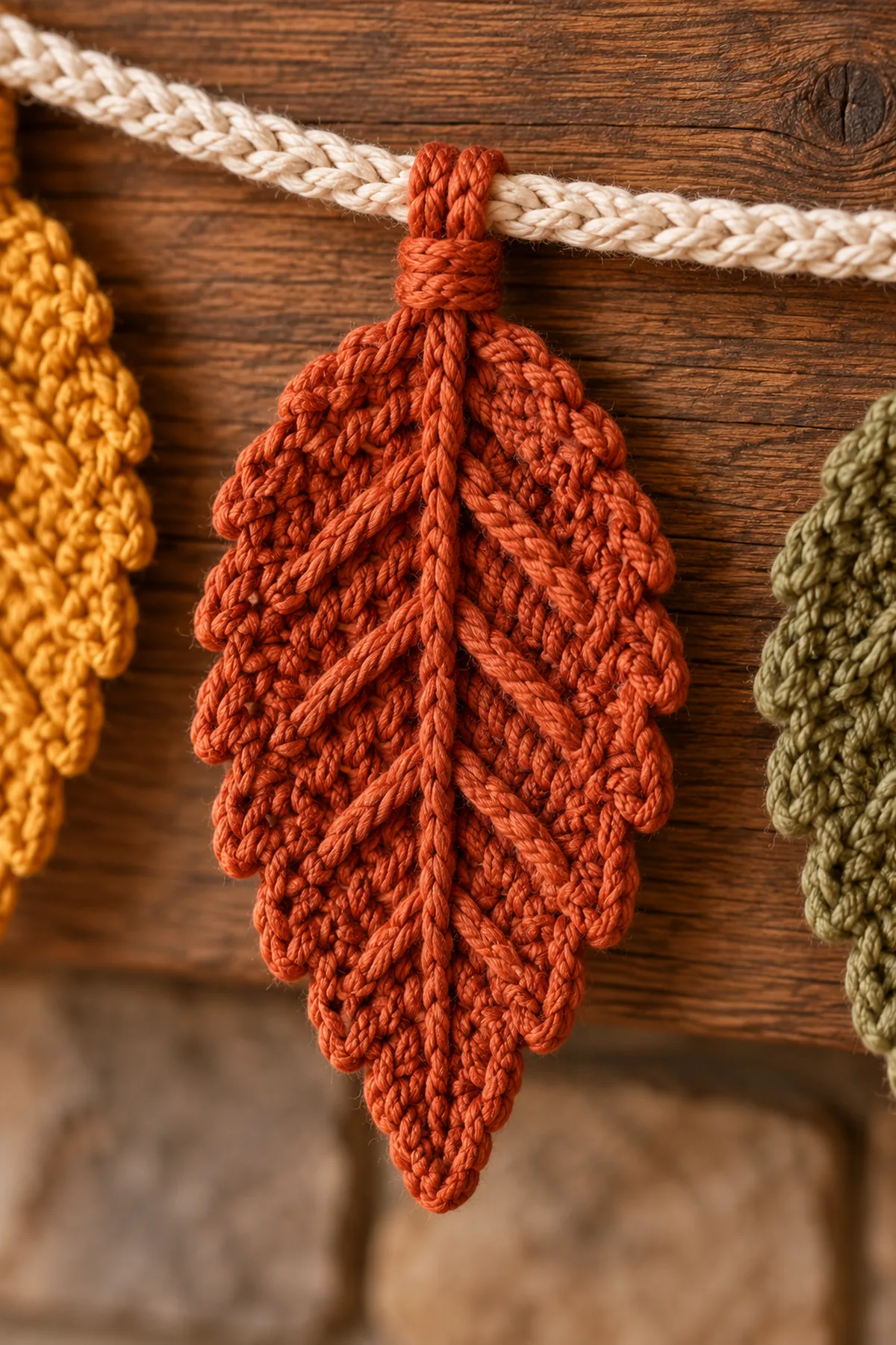 Close-up of the stitch texture and securely finished details on crochet fall leaf garland | cozy autumn decor step-by-step tutorial
