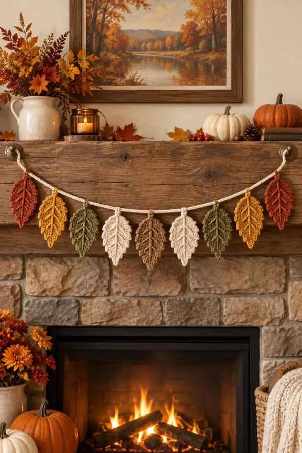 Finished crochet fall leaf garland | cozy autumn decor step-by-step tutorial in soft cream and sage yarn on a neutral nursery surface