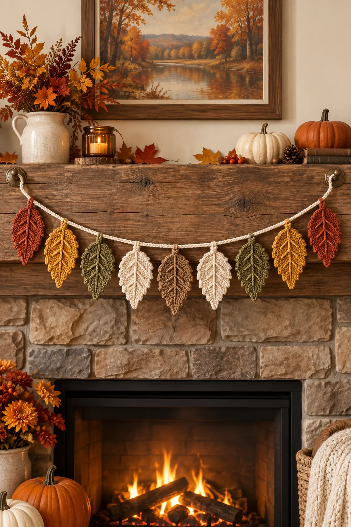 Finished crochet fall leaf garland | cozy autumn decor step-by-step tutorial in soft cream and sage yarn on a neutral nursery surface