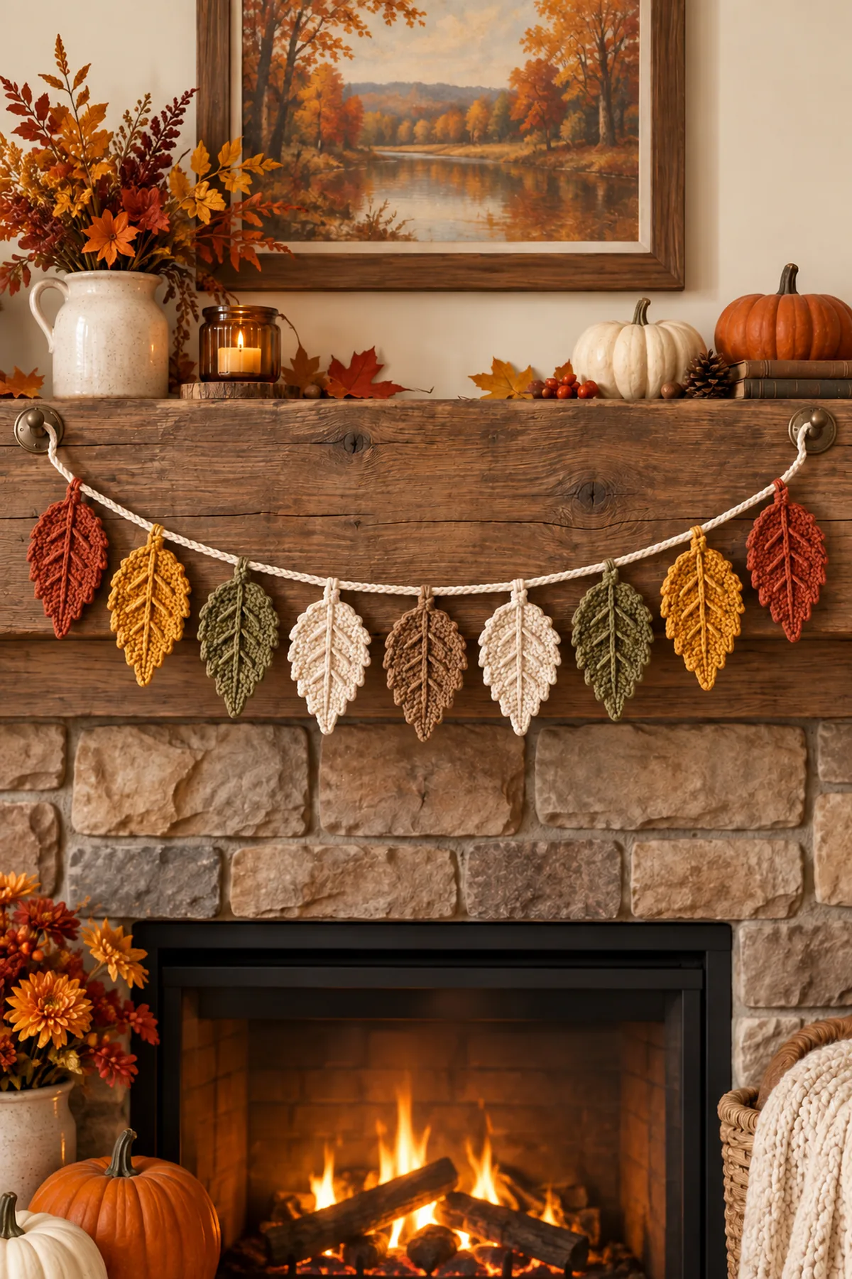 Finished crochet fall leaf garland | cozy autumn decor step-by-step tutorial styled in a calm bright nursery setting without a baby present