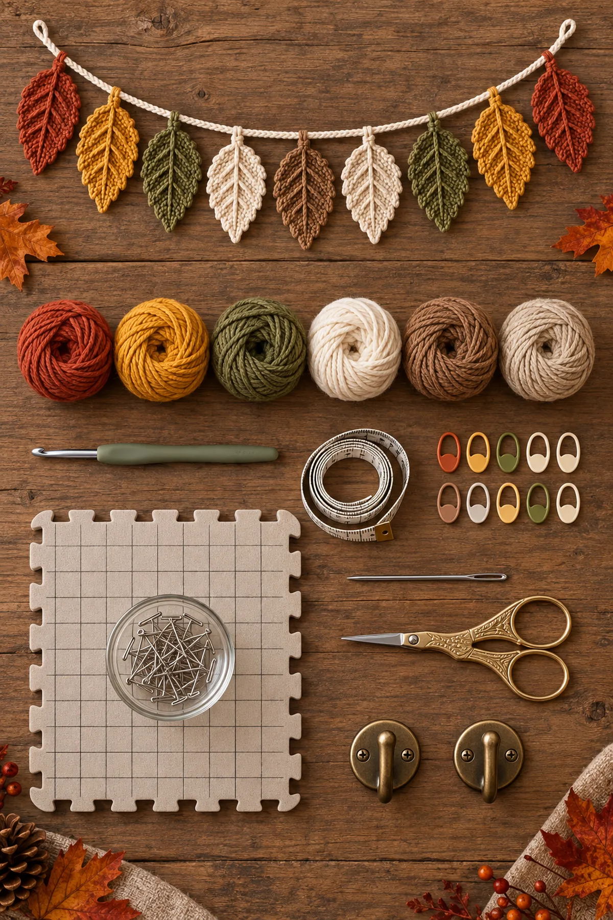 Baby-friendly yarn, crochet hook, stitch markers, tape measure, yarn needle, and scissors for crochet fall leaf garland | cozy autumn decor step-by-step tutorial
