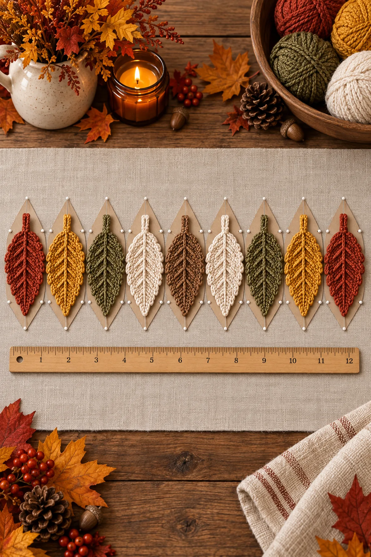 Early counted crochet stage of crochet fall leaf garland | cozy autumn decor step-by-step tutorial with matching yarn and hook
