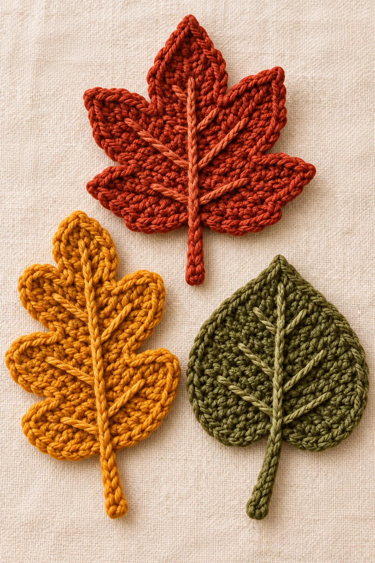 Close-up of the stitch texture and securely finished details on crochet fall leaves pattern | easy autumn leaf tutorial for decor