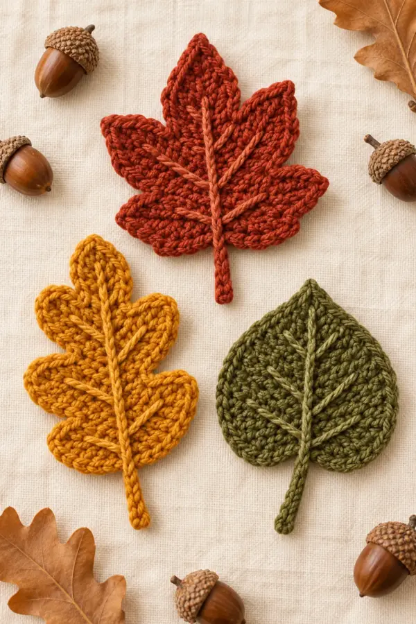 Finished crochet fall leaves pattern | easy autumn leaf tutorial for decor in soft cream and sage yarn on a neutral nursery surface