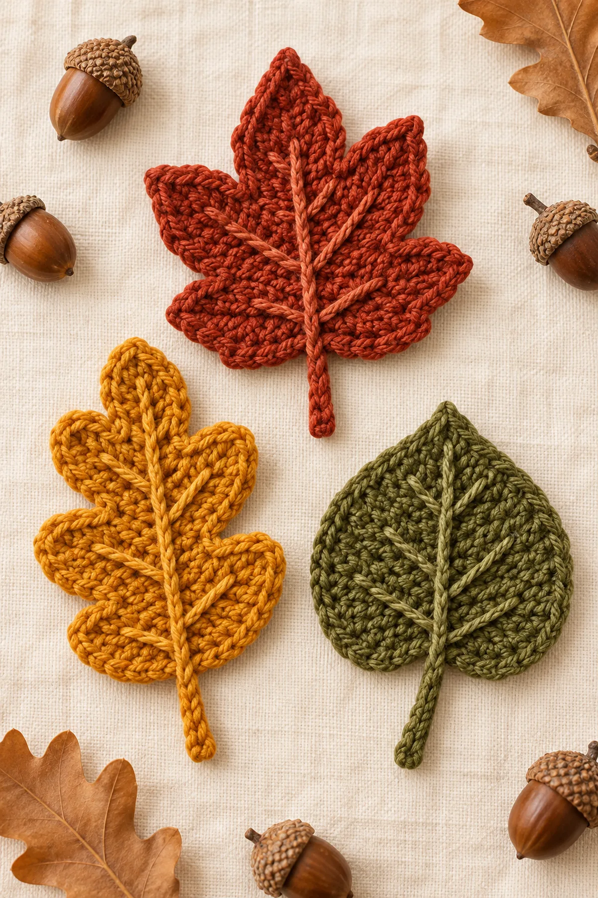 Finished crochet fall leaves pattern | easy autumn leaf tutorial for decor in soft cream and sage yarn on a neutral nursery surface