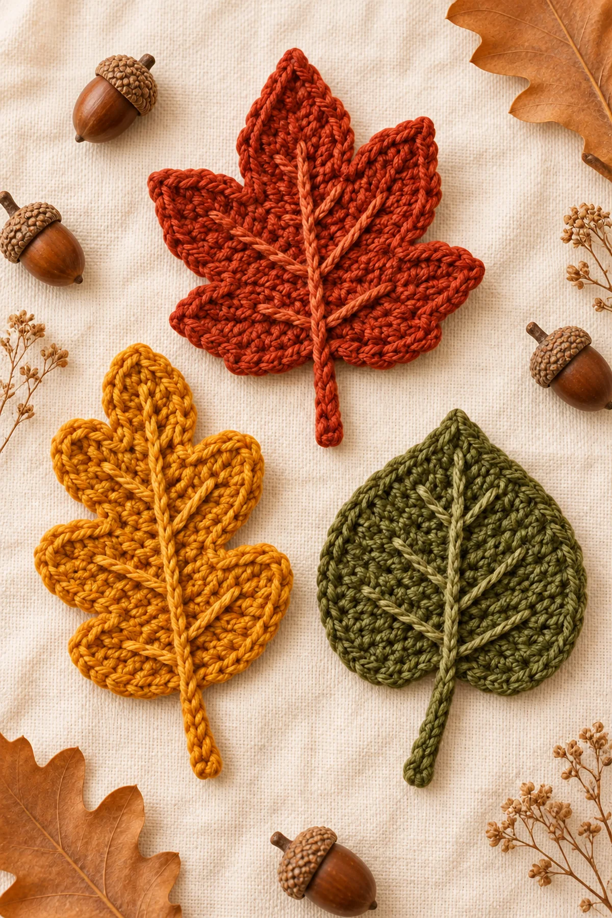 Finished crochet fall leaves pattern | easy autumn leaf tutorial for decor styled in a calm bright nursery setting without a baby present