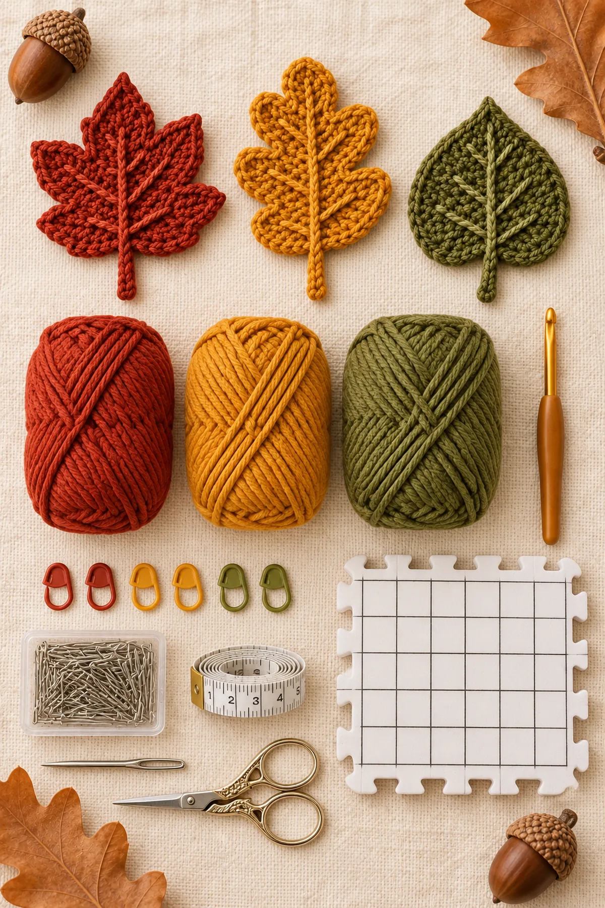 Baby-friendly yarn, crochet hook, stitch markers, tape measure, yarn needle, and scissors for crochet fall leaves pattern | easy autumn leaf tutorial for decor