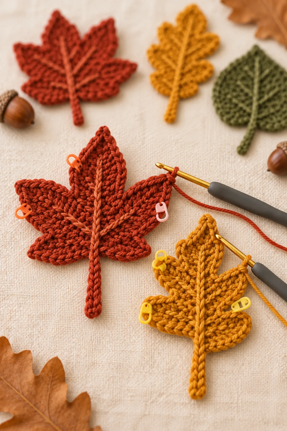 Early counted crochet stage of crochet fall leaves pattern | easy autumn leaf tutorial for decor with matching yarn and hook