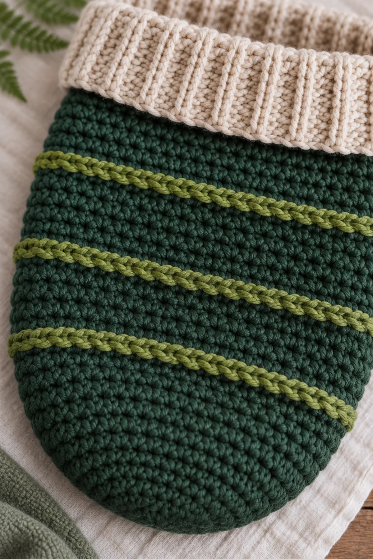 Close view of forest half-double crochet, fern surface ridge, flat base seam, and wide oatmeal folded ribbing