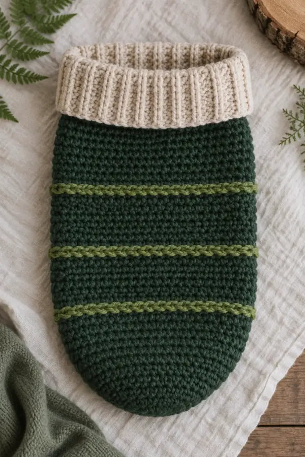 Finished deep-forest crochet newborn photo cocoon with three fern-green ridges and wide folded oatmeal ribbed cuff