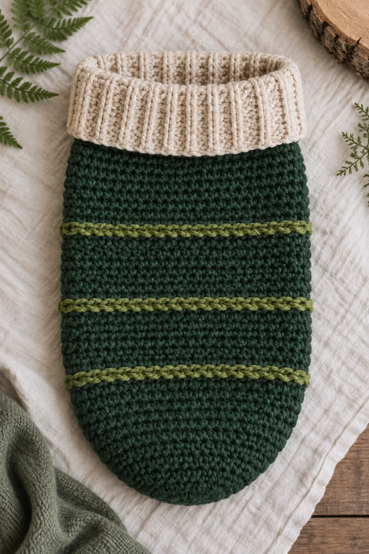 Finished forest fern and oatmeal newborn photo cocoon displayed empty on a neutral studio blanket without a baby