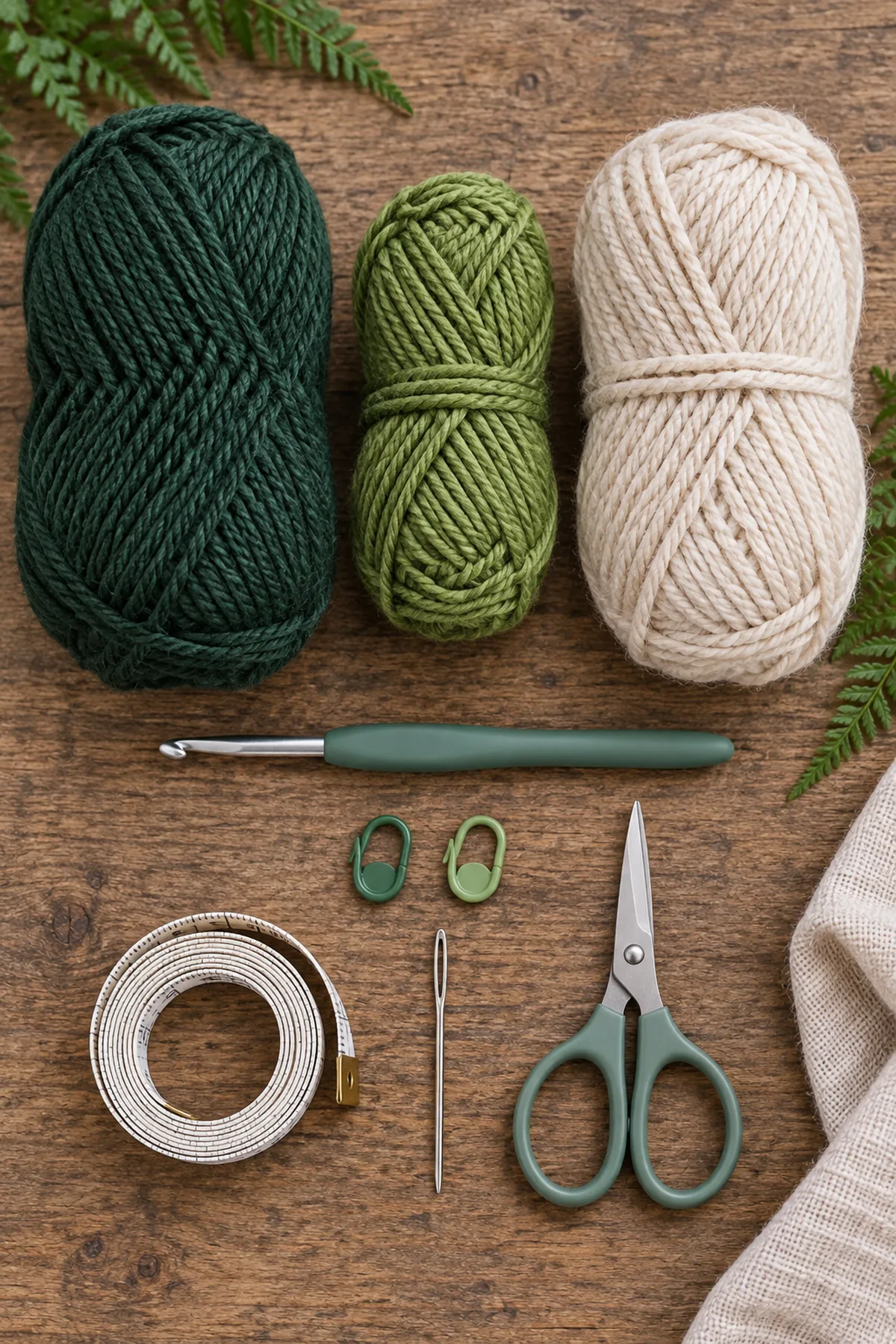 Forest-green fern-green and oatmeal DK yarn, 4.5 mm hook, two markers, tape measure, needle, and scissors