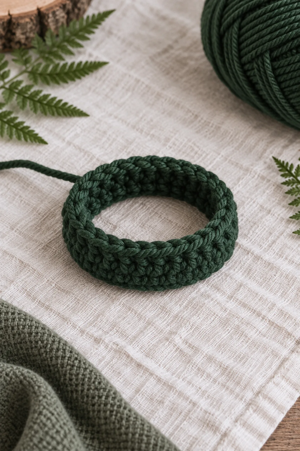 Untwisted 50-stitch forest-green cocoon foundation ring with two early half-double-crochet rounds