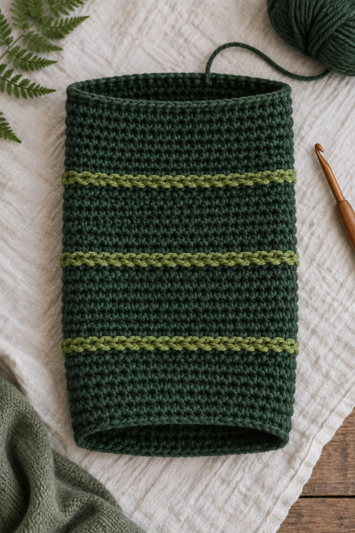 Unfinished forest-green cocoon tube with three fern ridges before flat base closure and oatmeal cuff