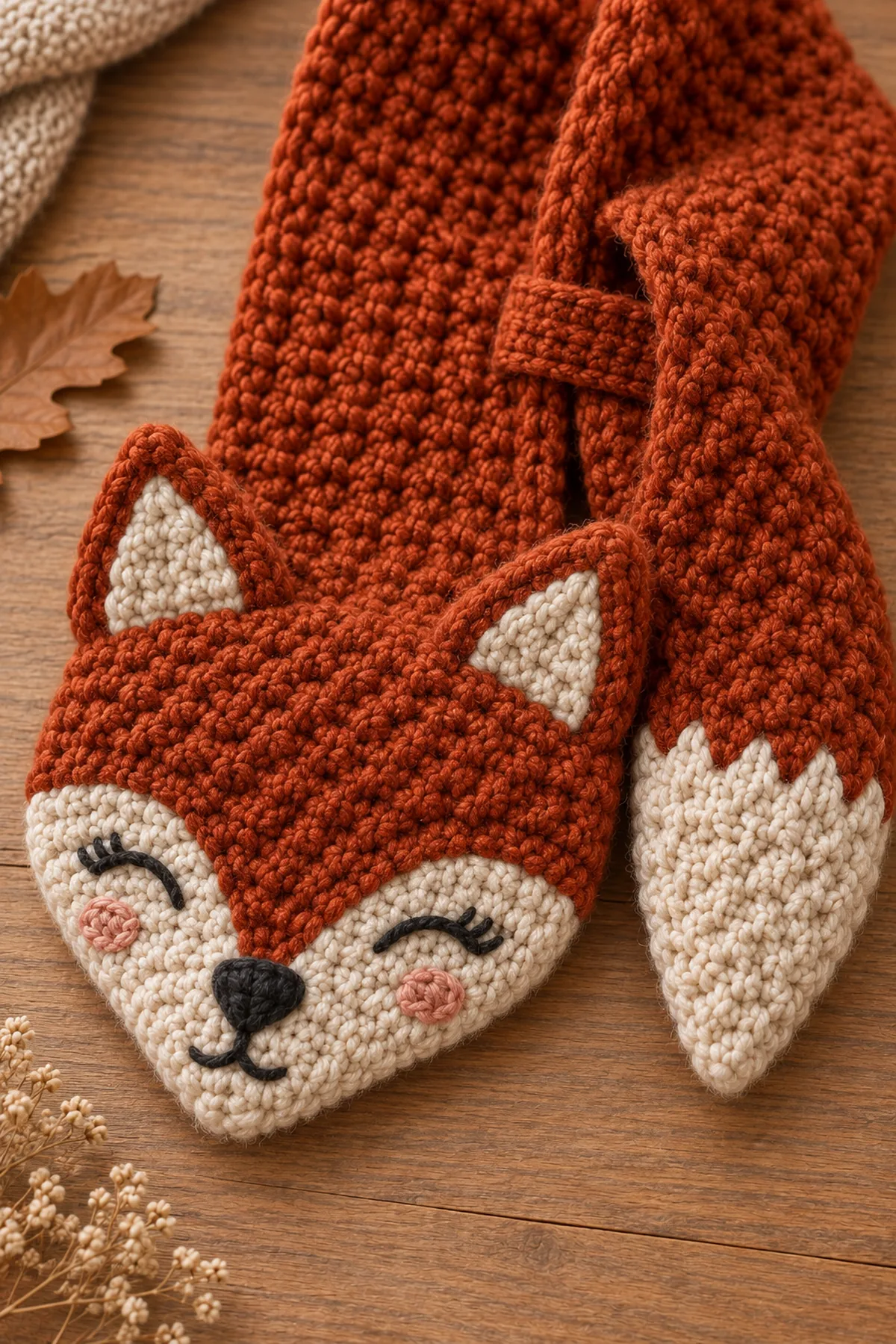 Close-up of flat embroidered fox eyes nose mouth and cheeks, fully sewn oatmeal inner-ear panels, reinforced ear bases, and the hidden pull-through keeper on the reverse