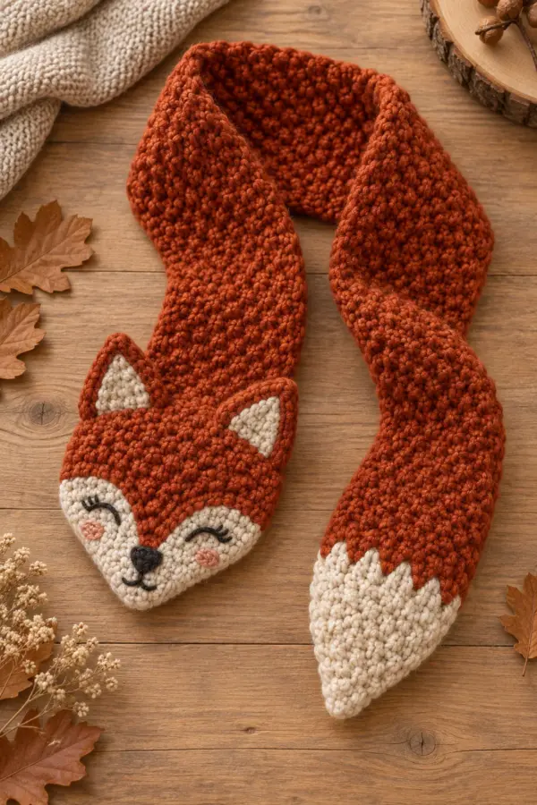 Finished original child-size crochet fox-tail scarf laid flat, with a long copper lemon-peel body, integrated tapered oatmeal tail tip, broad embroidered fox face, two layered ears, and no buttons or safety eyes